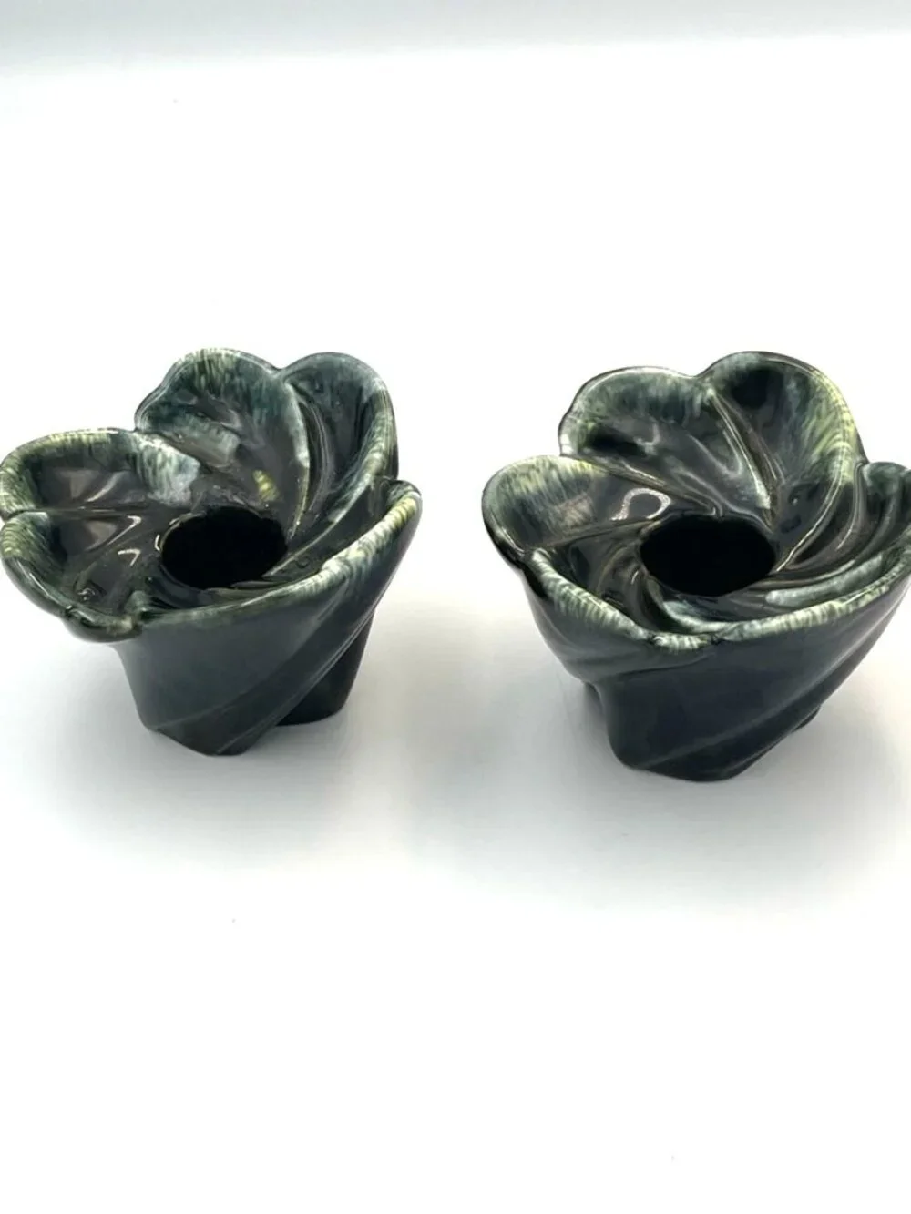 Ceramic Pottery Candle‎ Stick Holders Leaf Flower Swirl Design MCM Vintage